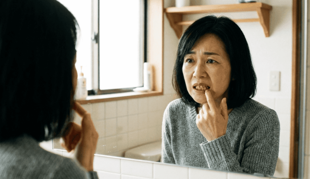歯の黄ばみが気になり鏡を見る女性