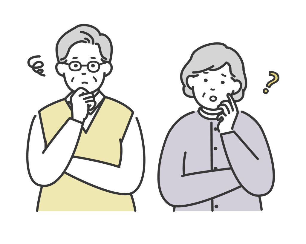 将来の健康について考えている高齢の夫婦の上半身イラスト
