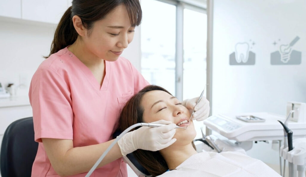 歯科医院でインプラントのメンテナンスを受ける女性