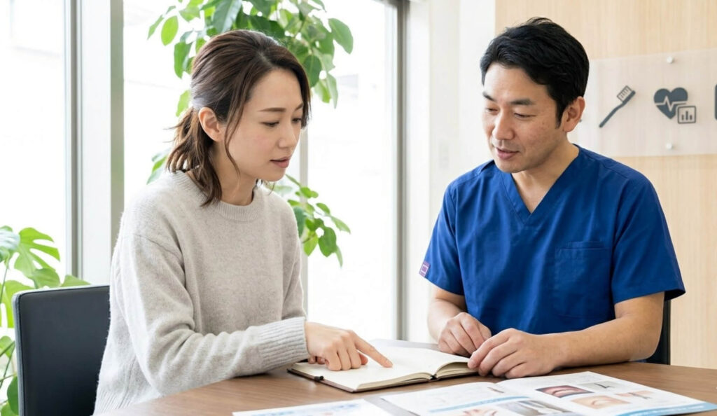 歯科医師にインプラントの確認事項を質問する女性