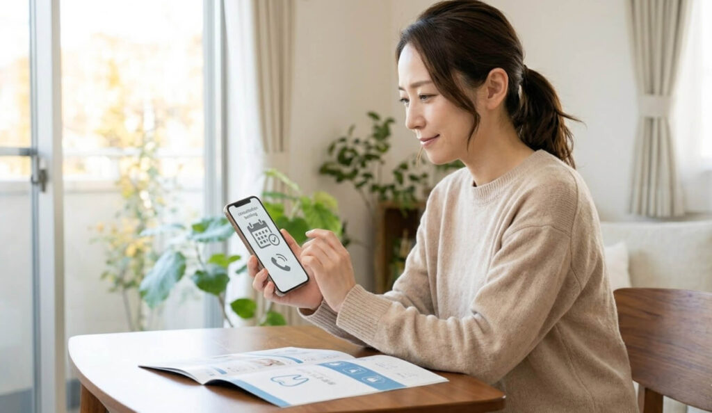 スマートフォンからインプラント相談を予約する女性