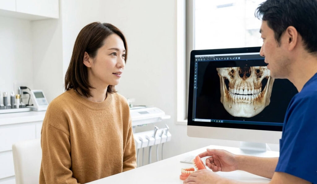 CT画像を見ながらインプラント治療の説明を受ける女性