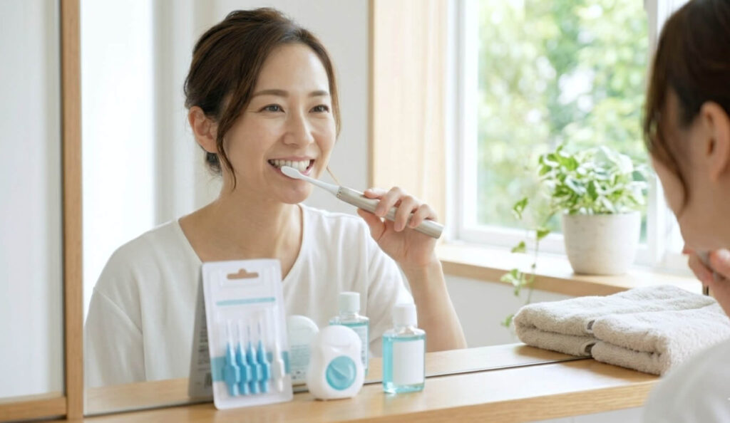 自宅で丁寧に歯磨きを行いインプラントをケアする女性