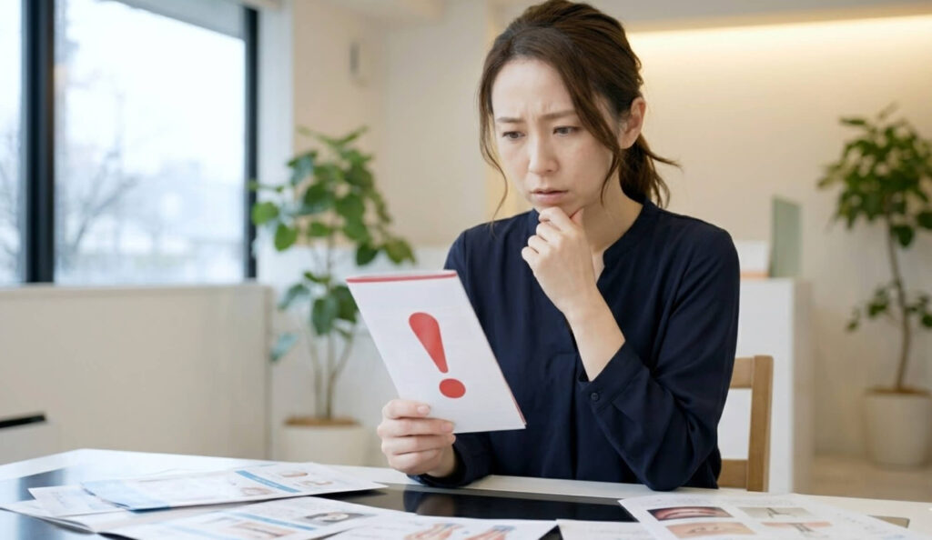 インプラント治療のリスクについて資料を見ながら考える女性