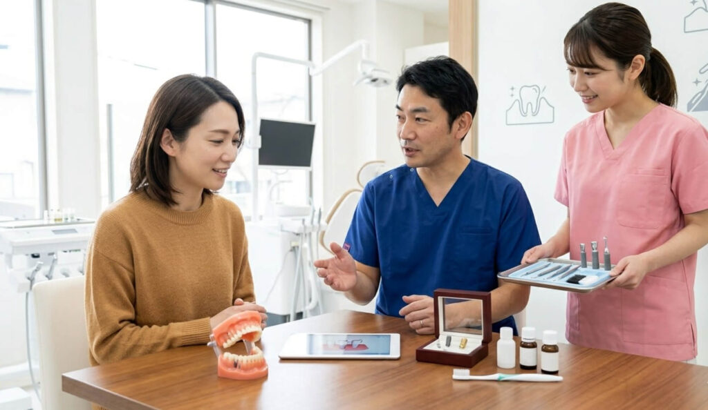 歯科医師からインプラント治療の全体説明を受ける女性