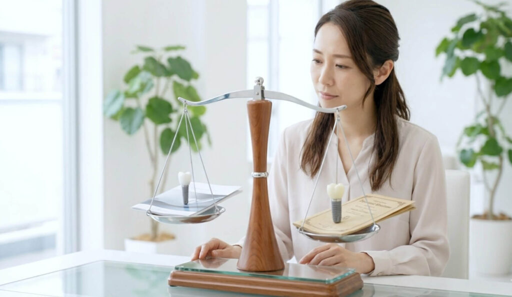 インプラントの費用と価値を比較して考える女性