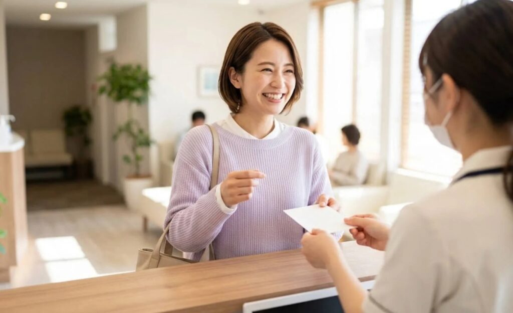 歯科での治療を終えて、笑顔でスタッフにお礼を言う日本人女性