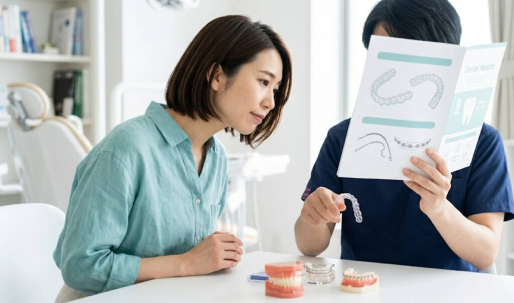 マウスピースとワイヤー矯正の模型を見る日本人女性と歯科医師の様子