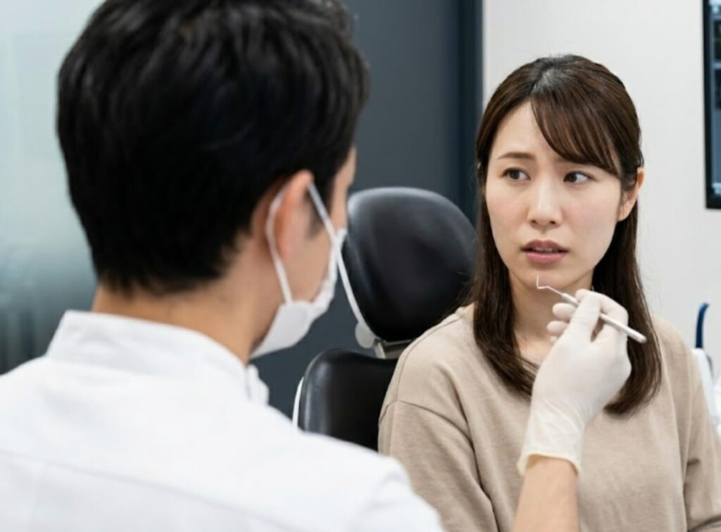 歯科用CT画像を見ながら、歯科医師から親知らずの治療について説明を受ける日本人女性