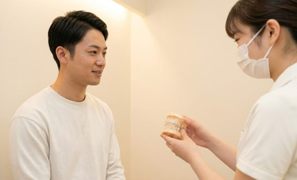 プライベートな個室で歯科模型を使って相談を受ける若い男性の様子