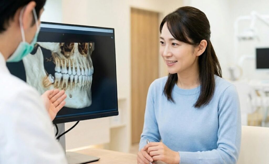 親知らずのCT検査結果を医師と確認し、治療に納得する日本人女性