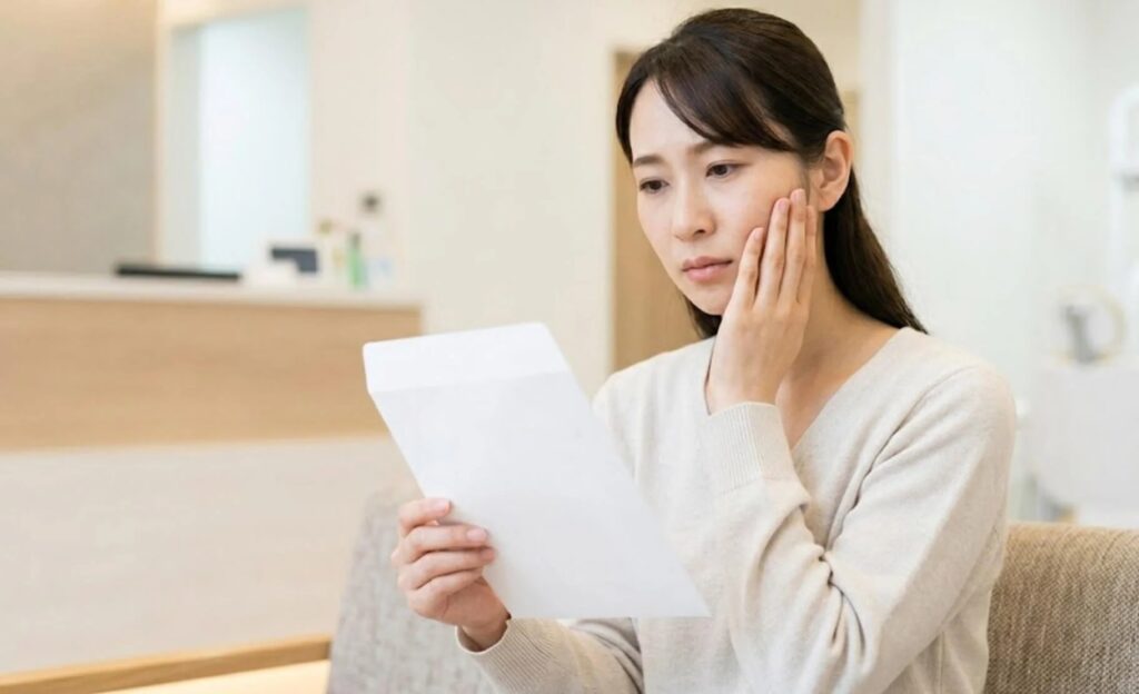 親知らずの紹介状を受け取り、どうすべきか悩む日本人女性の様子