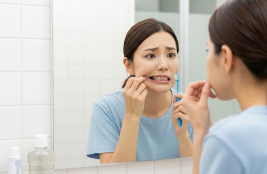 親知らずの痛みの原因を探るように鏡を覗き込む女性