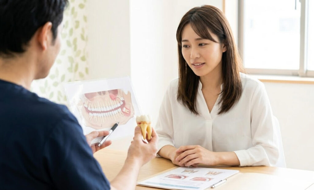 デスクを挟んで、歯科医師と歯の模型を囲み、穏やかな表情で親知らず治療の流れについて相談する日本人女性