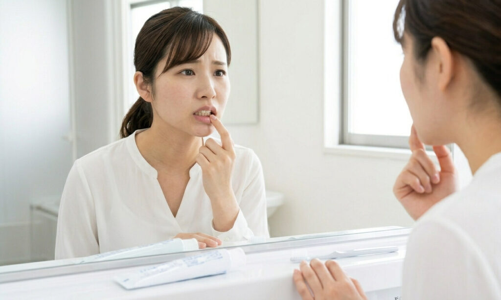 洗面所で鏡を見ながら、グラつく歯を心配そうに触る日本人女性の様子