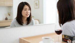 歯の黄ばみの原因を知りたい日本人女性の様子