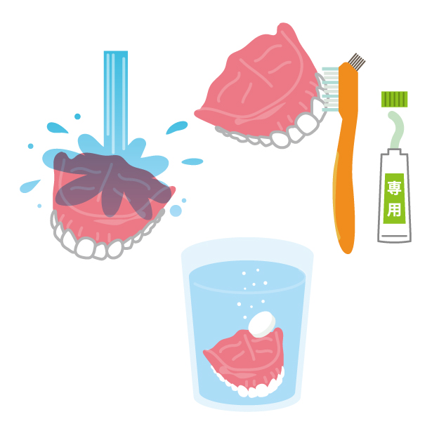 入れ歯の清掃と保管方法を示したイメージ
