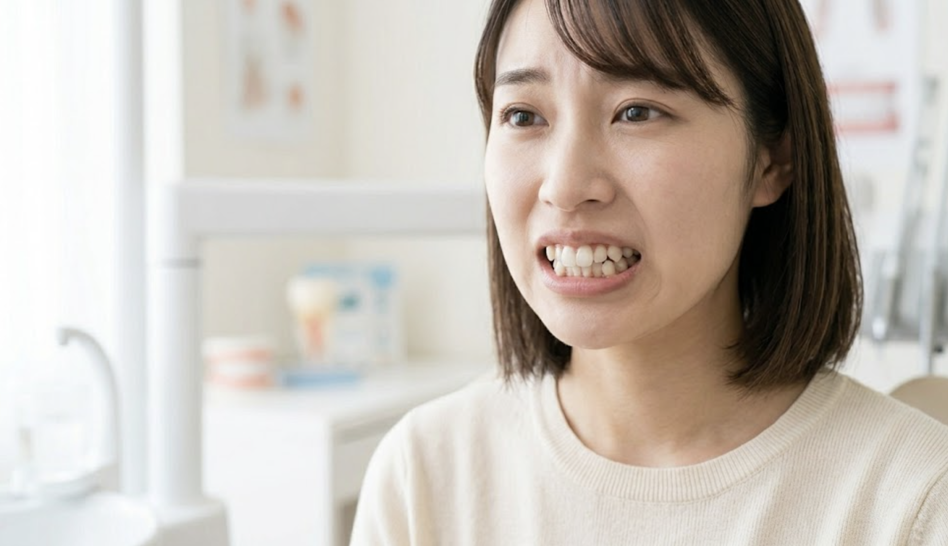 ガタガタの歯並び（叢生）の状態が明確にわかる、日本人女性の口元のクローズアップ