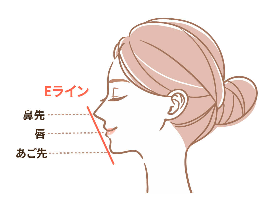 美しい横顔の指標となるEラインと、鼻先・唇・あご先の理想的な位置関係を示す図解