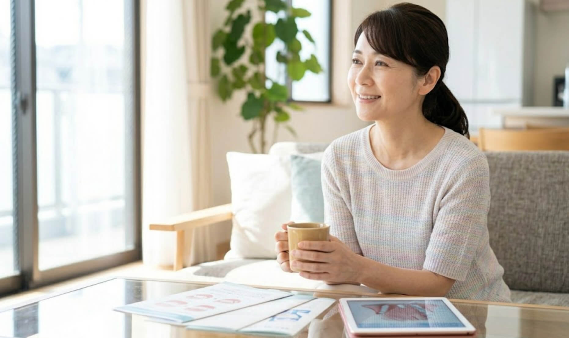 インプラント治療の資料を見終え、安心した表情でリラックスする日本人女性の様子