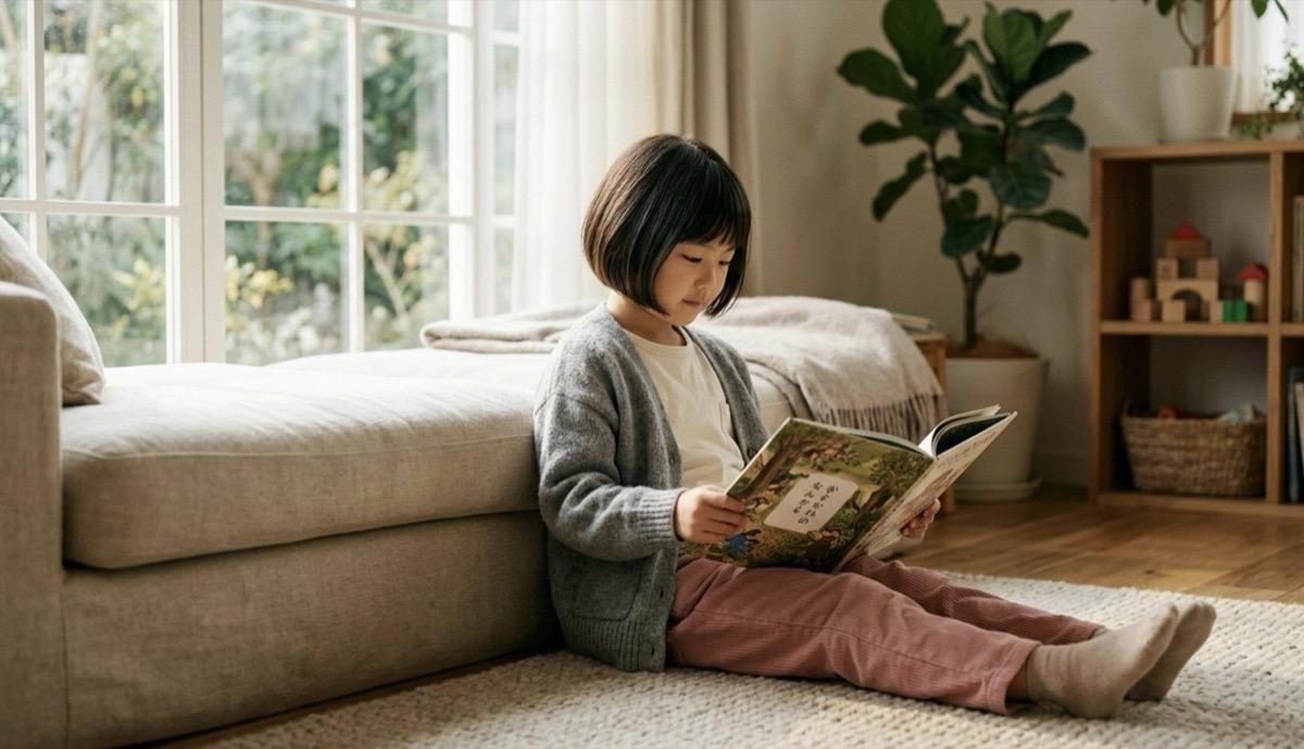 お子さまが落ち着いた室内で読書をしている様子