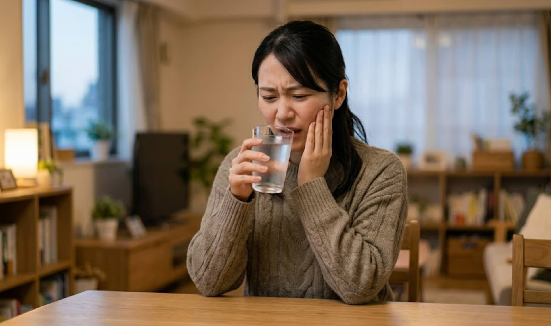 自宅で冷たい水を飲んだ瞬間に急な歯の痛みを感じ、頬を押さえて困っている日本人女性の様子