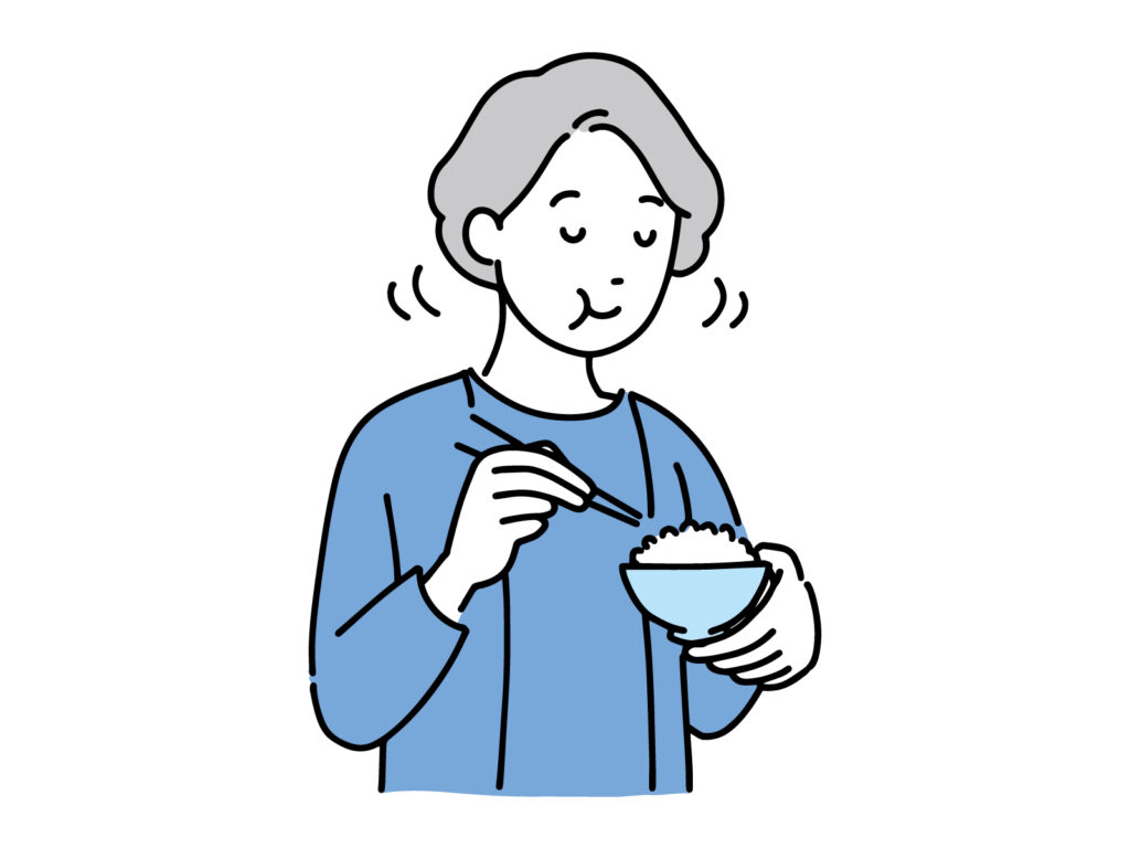ご飯をよく噛んで食べるシニア女性のイラスト