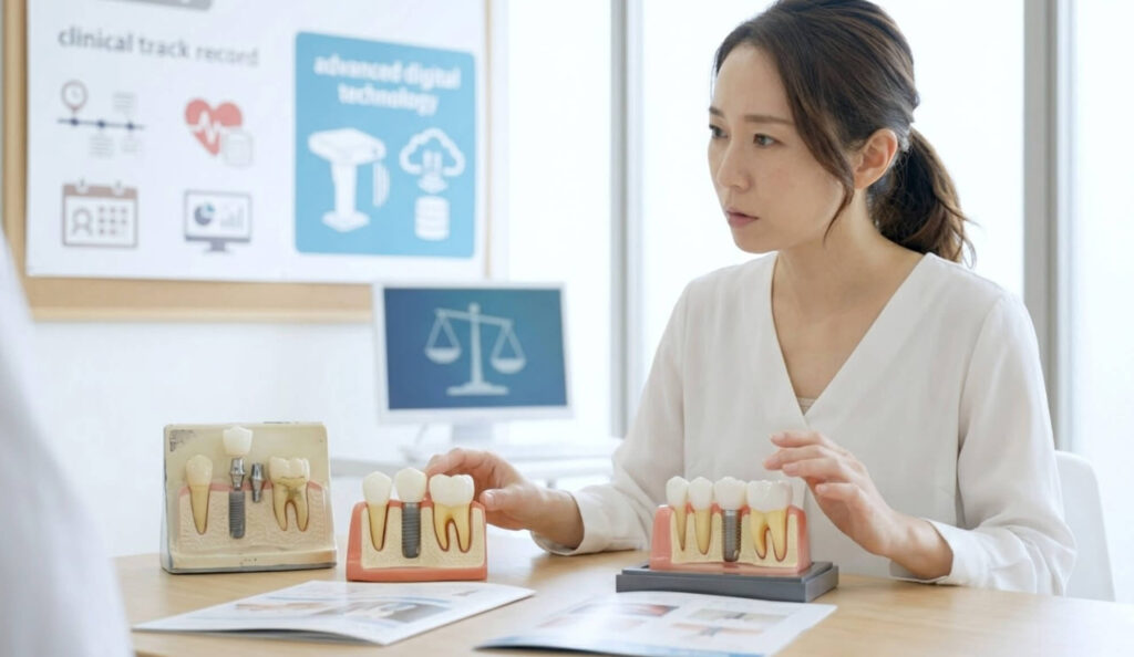 複数のインプラント治療内容を比較して検討する女性