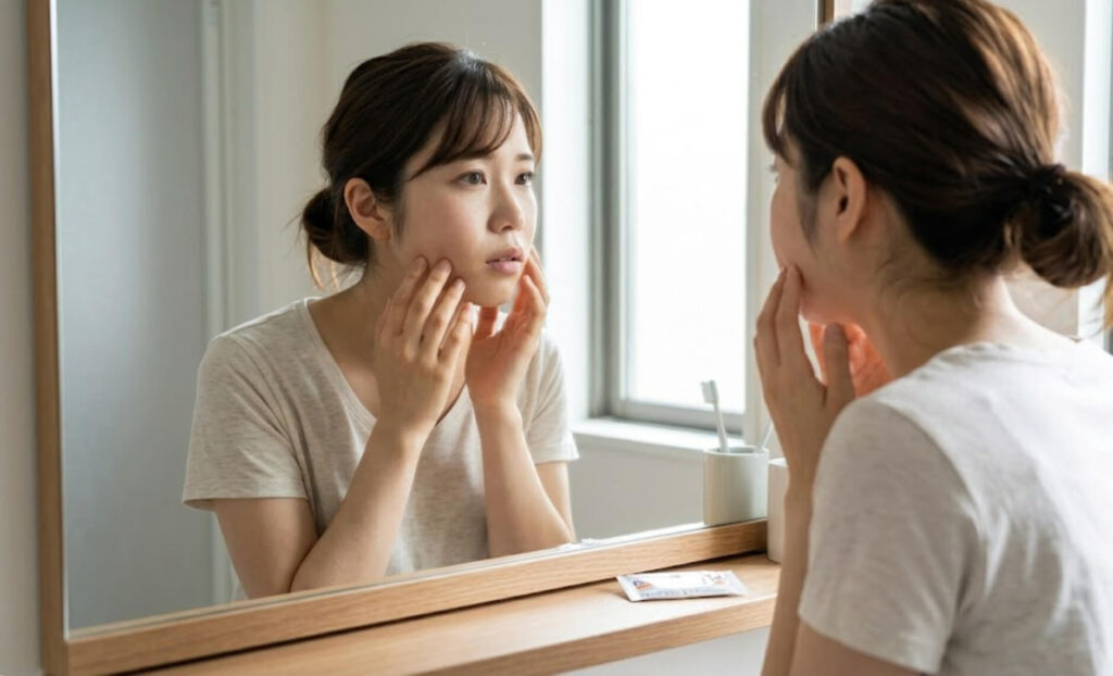 親知らず抜歯から数日後、腫れのピークを迎え、鏡の前でケア方法を考える日本人女性の様子