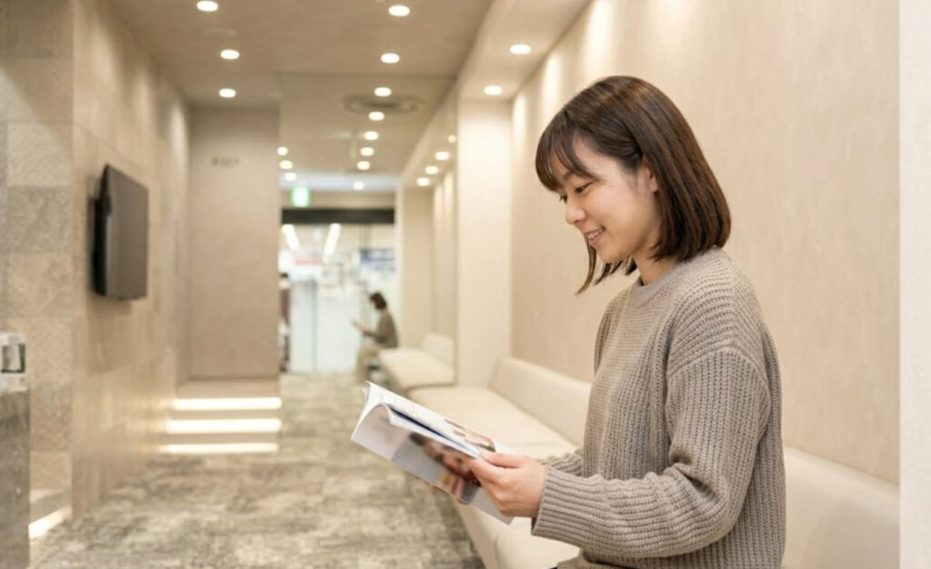 待合室のソファでリラックスして雑誌を読む日本人女性の様子