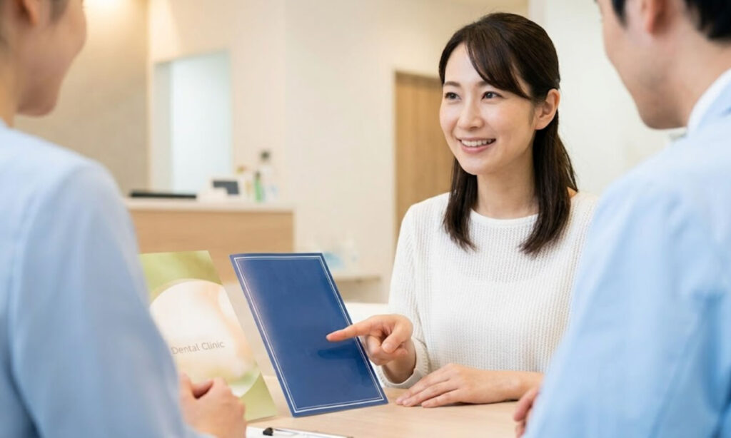 カウンセリングで笑顔で話す、選択肢を考える日本人女性