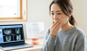 前歯の見た目を気にして口元を隠す、不安げな表情の日本人女性。歯科医院のカウンセリングルームの様子