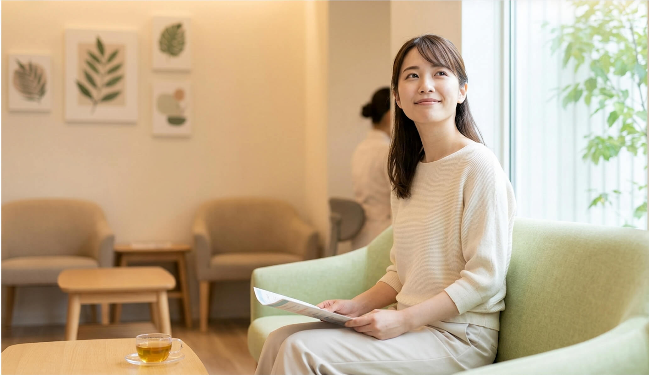 カフェのテラスで白い歯を見せて笑う日本人女性の様子