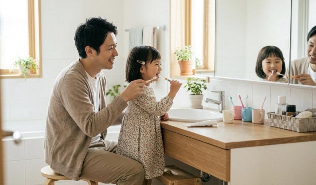 ご家族で一緒に歯磨きの時間を過ごす様子