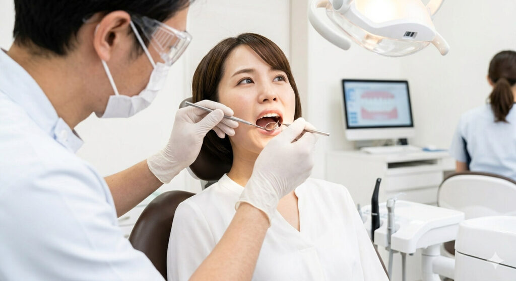 診療ユニットで歯科ミラーと探針を使い患者の口腔内を診察する歯科医の様子
