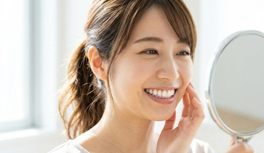 歯科矯正治療後、完璧に整った歯並びを見て満面の笑みを浮かべる日本人女性の様子