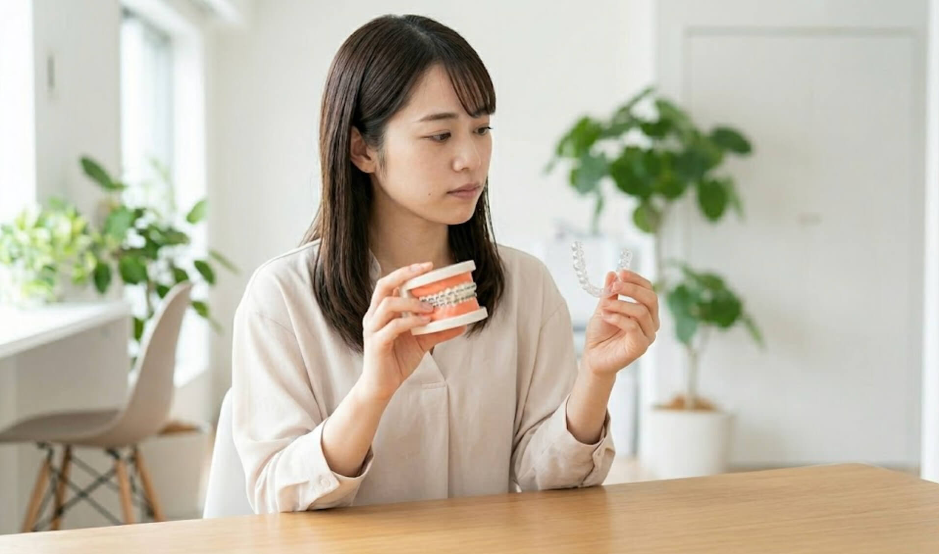 2種類の歯科矯正装置を手に持ち、比較する女性の様子