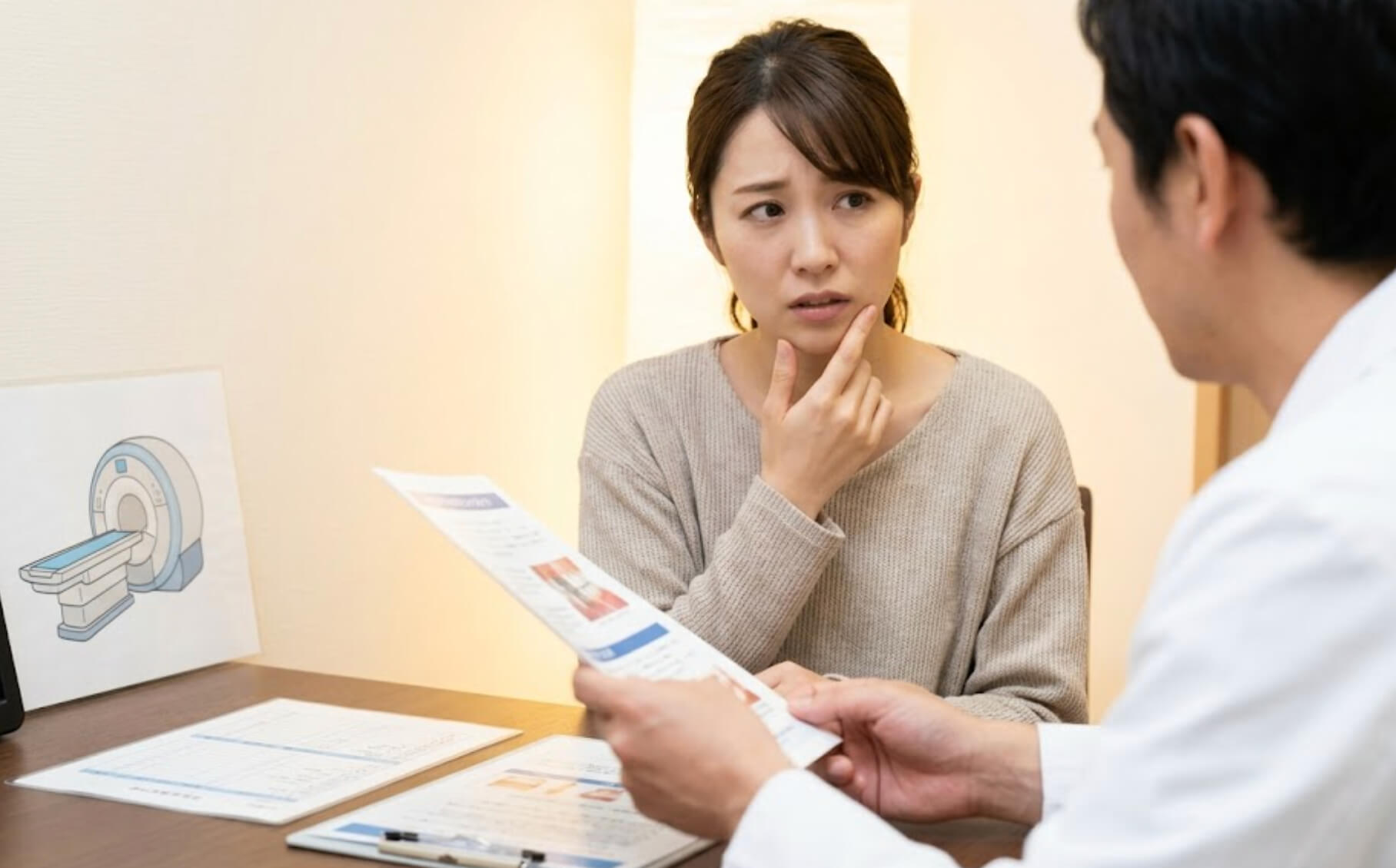 歯科医院でインプラント後のMRI検査について歯科医師に不安げに相談する日本人女性の様子