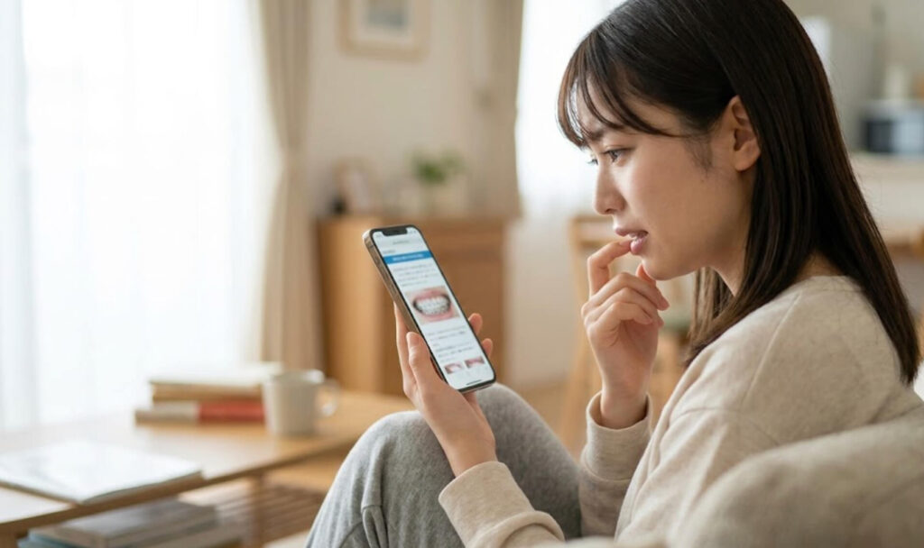 矯正治療の痛みへの不安と、綺麗な歯並びへの期待が入り混じった表情でスマートフォンを眺める日本人女性の様子