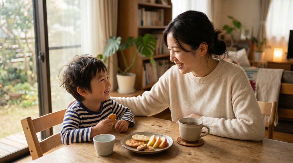 親子でおやつの時間を過ごす様子