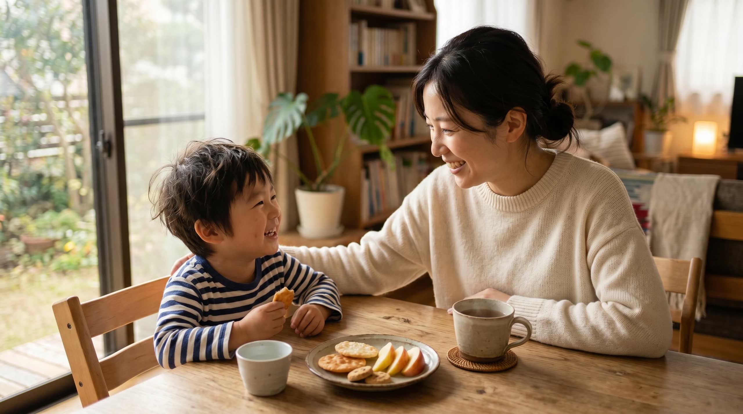 親子でおやつの時間を過ごす様子