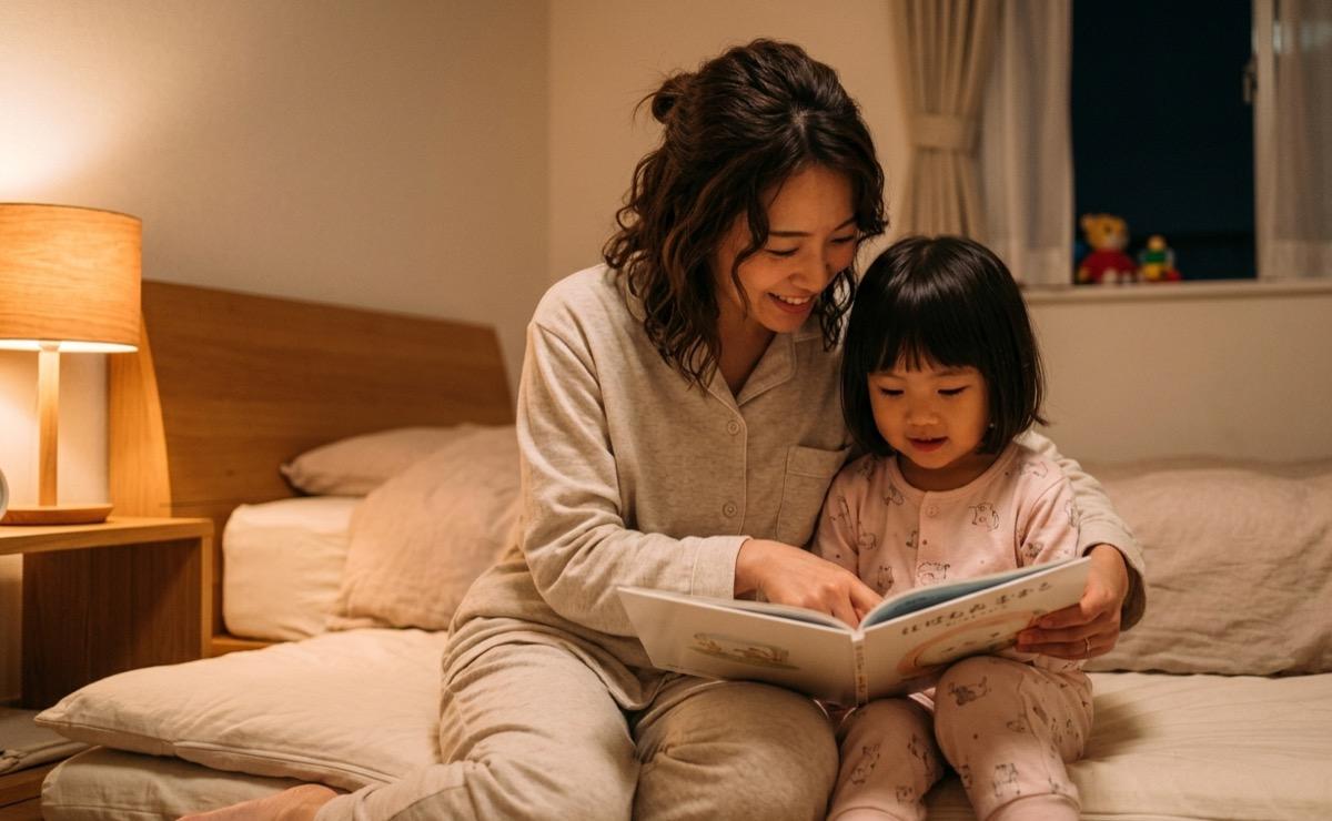 就寝前に親子で絵本を読む様子