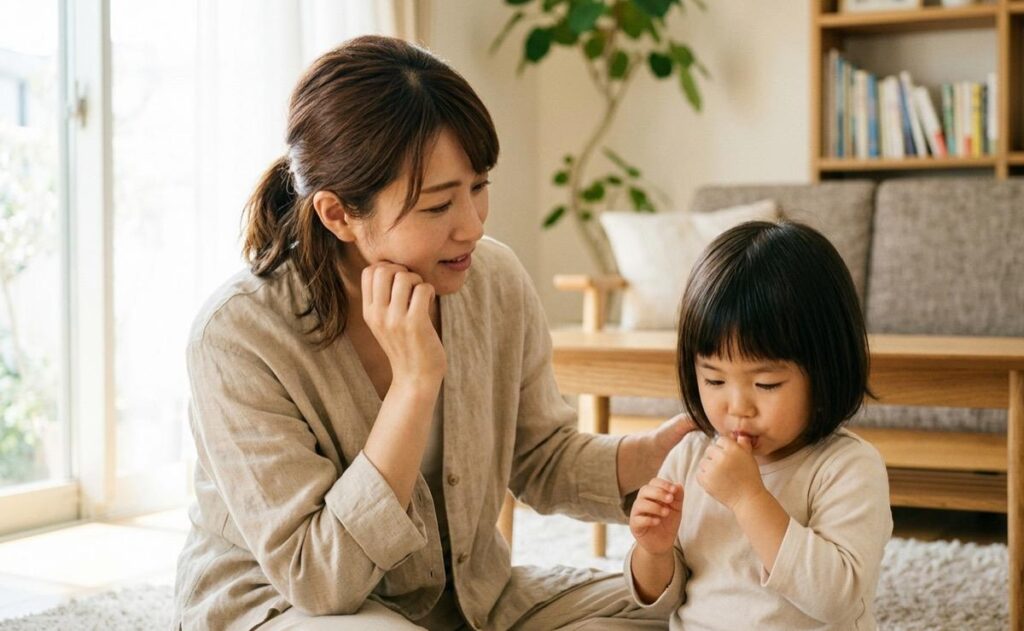 指しゃぶりをする小さなお子さまを見守る親子の様子