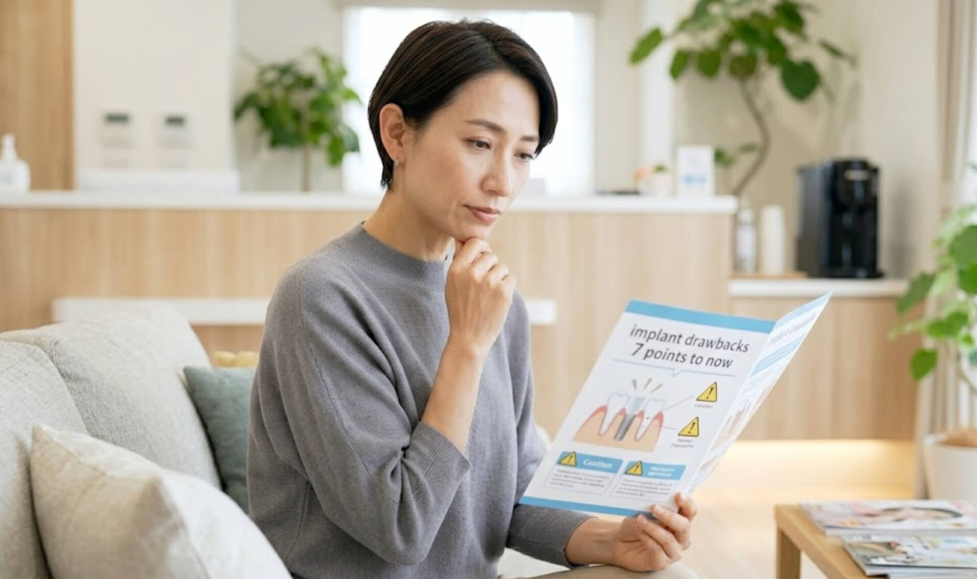 インプラントの注意点が書かれた冊子を手に、真剣な表情でデメリットを考える日本人女性の様子