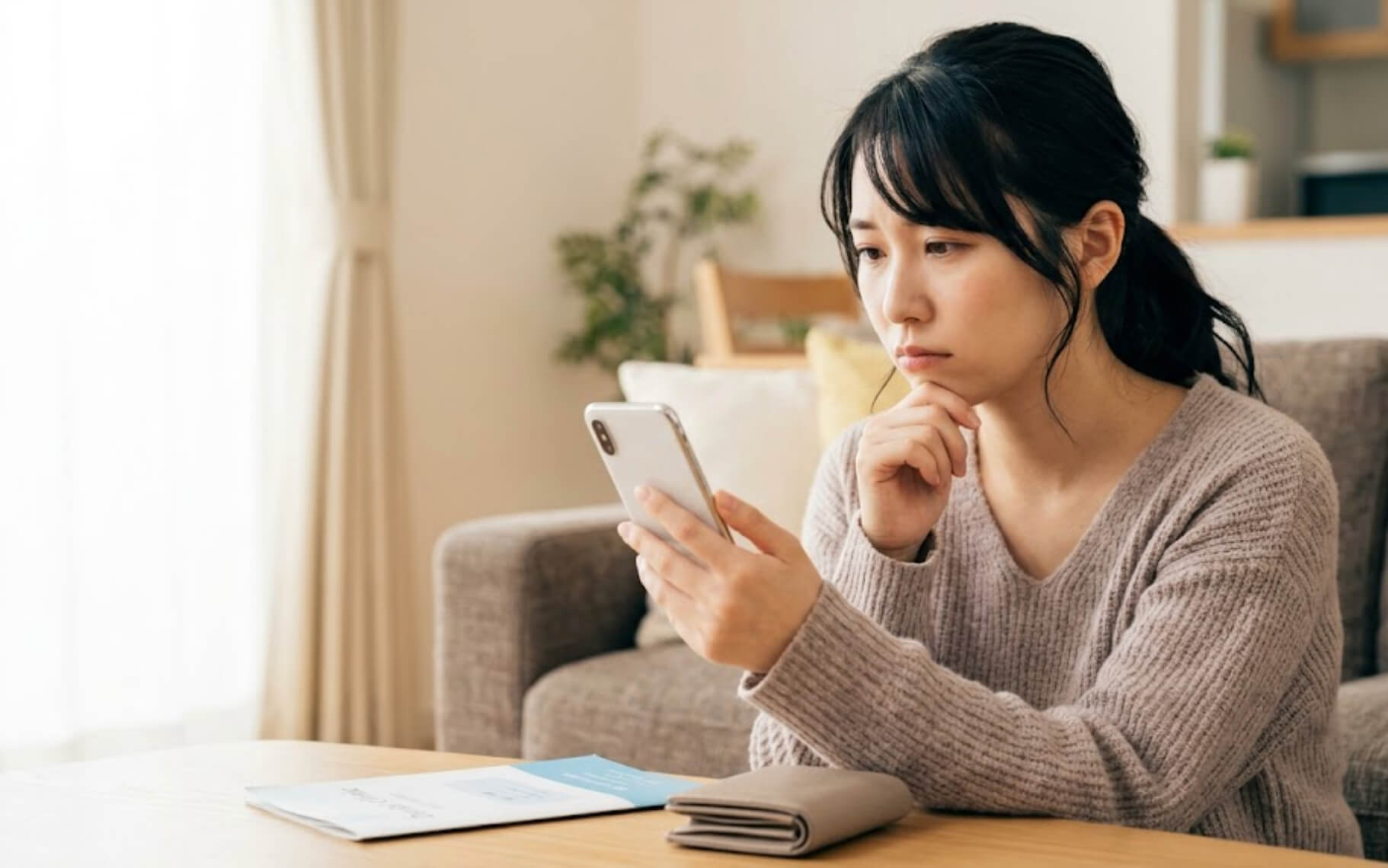 自宅のリビングで、スマートフォンを操作しながら歯の矯正費用について悩む日本人女性の様子