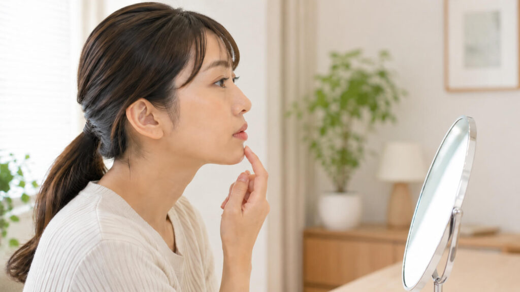 自宅の鏡で口元の横顔を確認する日本人女性の様子