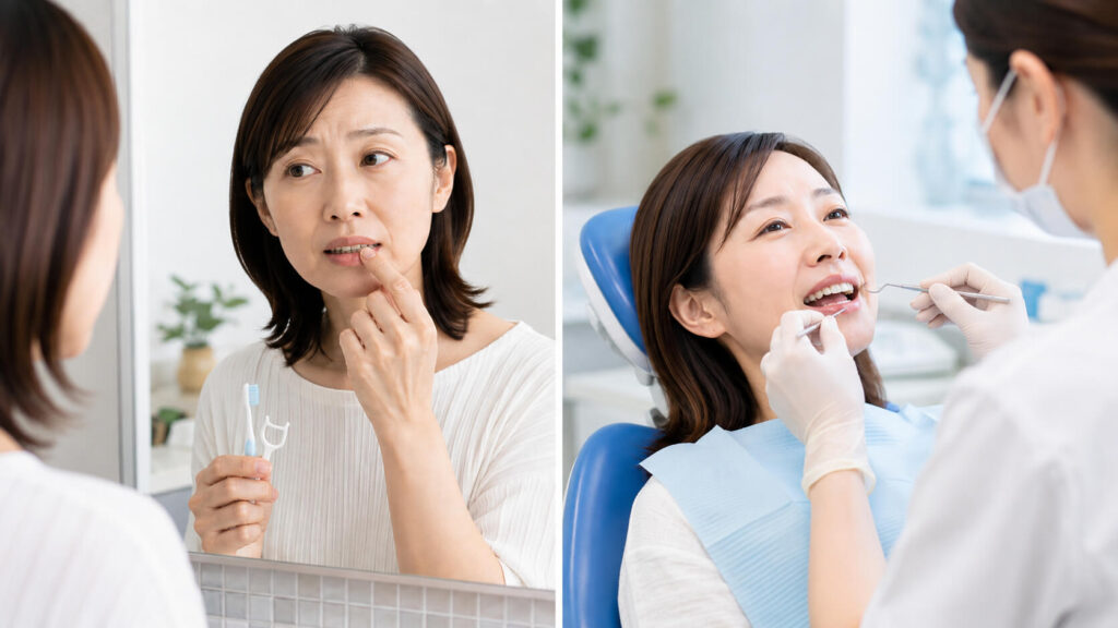鏡を見て歯を気にする女性と、歯科医院で診療を受ける女性の対比