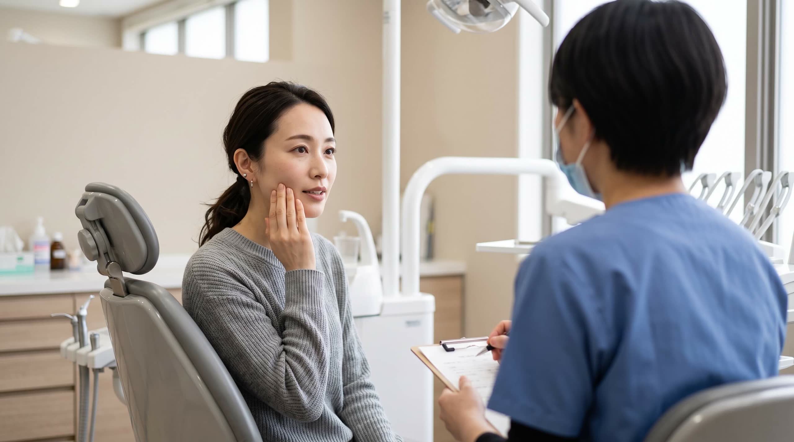 歯科で歯の痛みを相談する女性