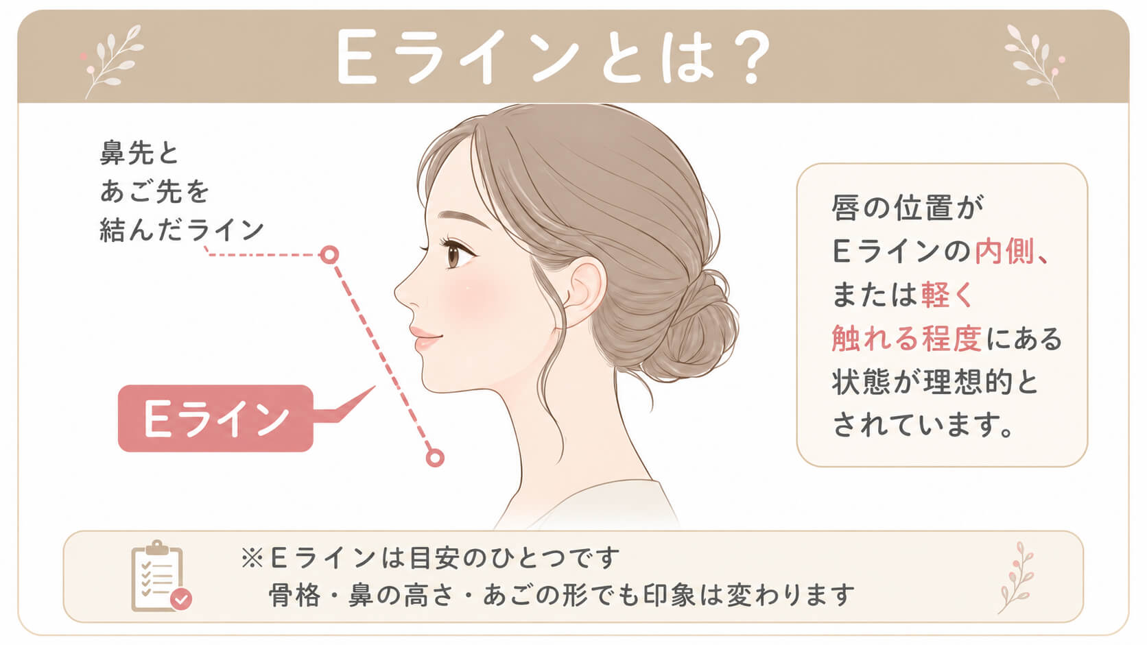 Eラインの目安を女性の横顔で解説した図解