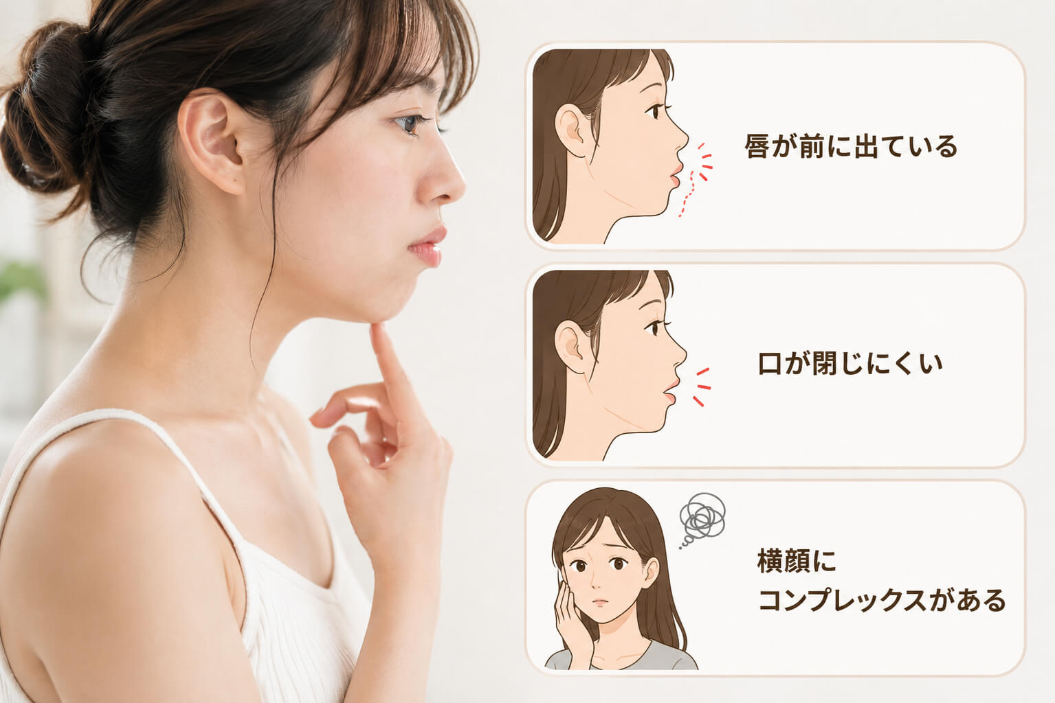 口ゴボに見られる横顔の特徴を確認する女性の様子とイラスト